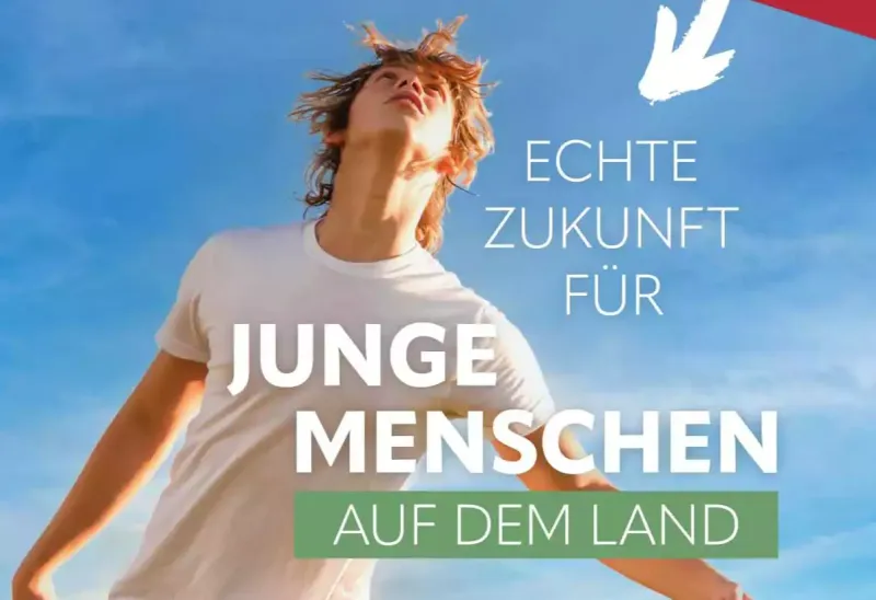 Ein Plakat der BDL-DJF mit dem Titel "Echte Zukunft für junge Menschen auf dem Land".  Es zeigt glückliche Menschen in der Natur mit einem Produkt in der Han...