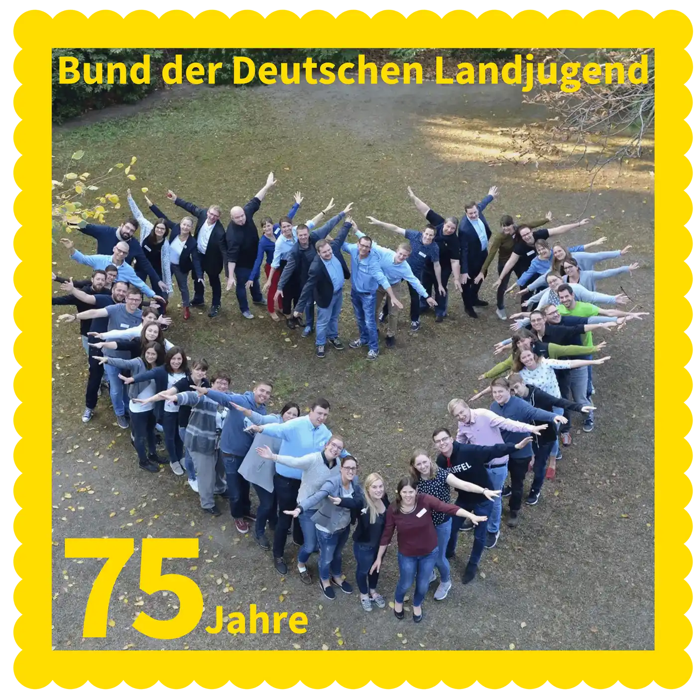 Briefmarke zum 75. Jubiläum der Landjugend. Die Marke zeigt das Logo der Landjugend in blauem Design mit dem Text "75 Jahre Landjugend".