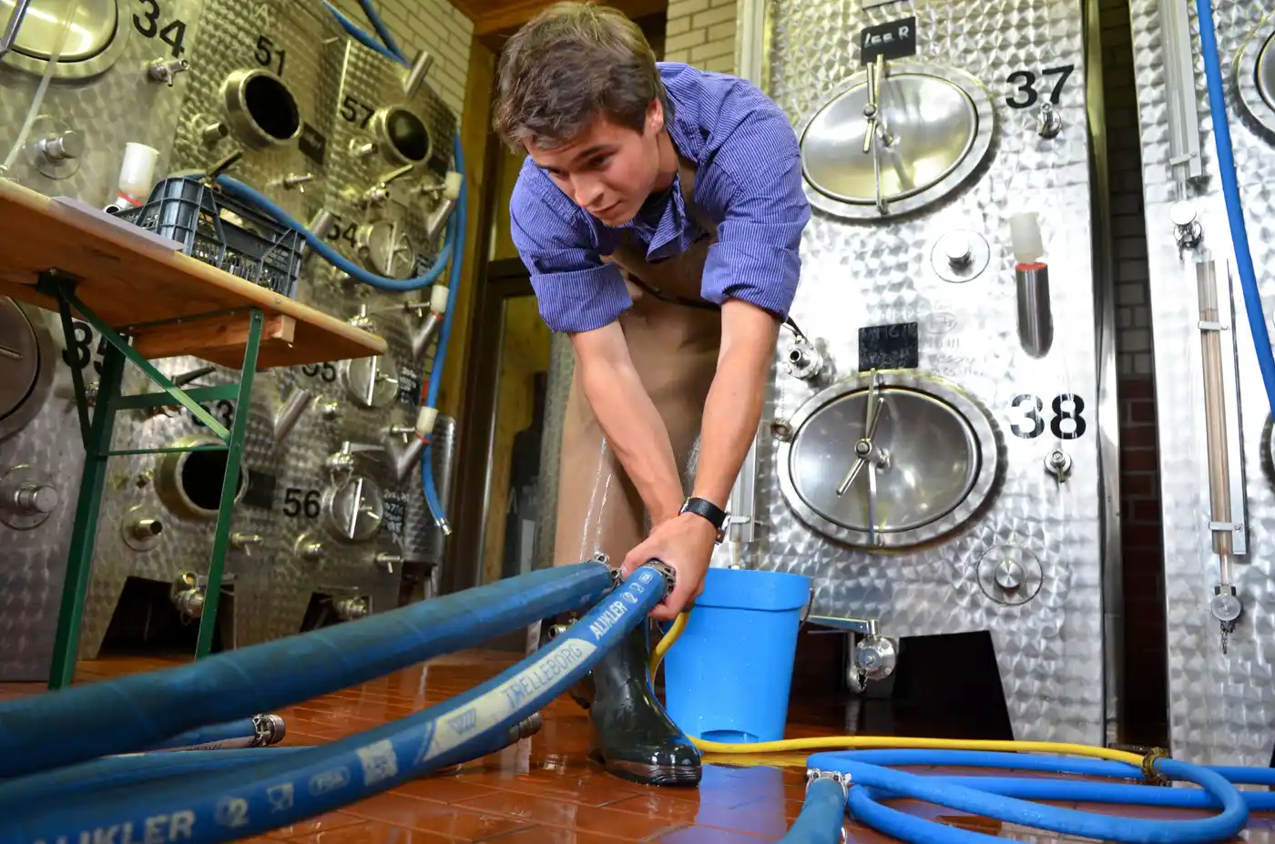 Junger Winzer in blauer Arbeitskleidung reinigt im Weinkeller große Tanks mit technischer Ausrüstung. Die Maschine ist mit Gas betrieben und erinnert an eine...