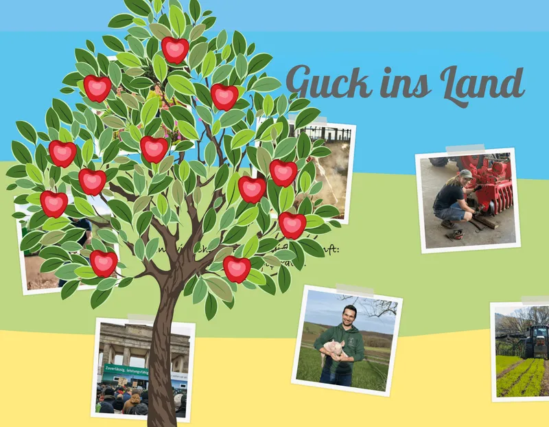Apfelbaum vor Bildern aus der Landwirtschaft Baden-Württembergs.