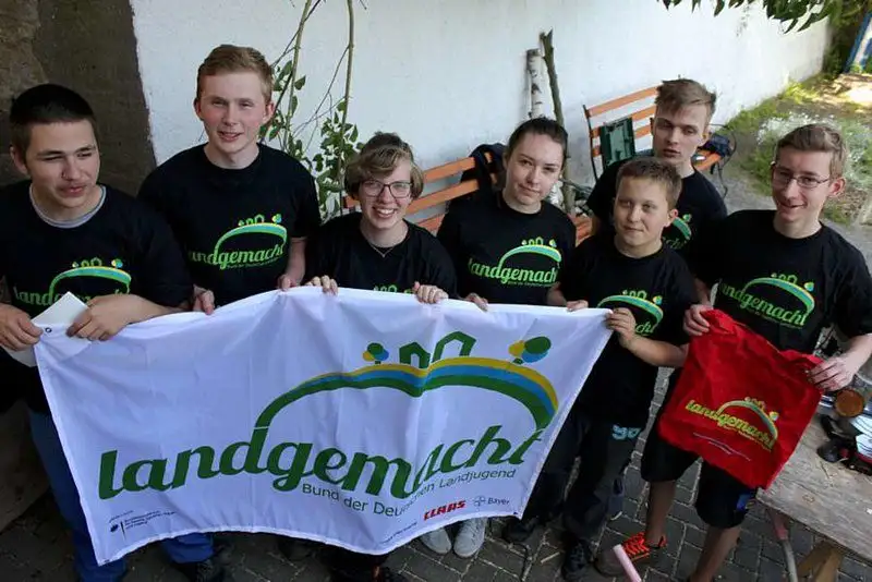 Jugendliche mit Landgemacht Plakat