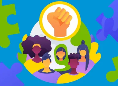 Glückliche Menschen, die sich um eine Weltkugel versammeln.  Die Illustration zeigt ein Symbol für die Verbundenheit und das Teilen von Ideen.  
